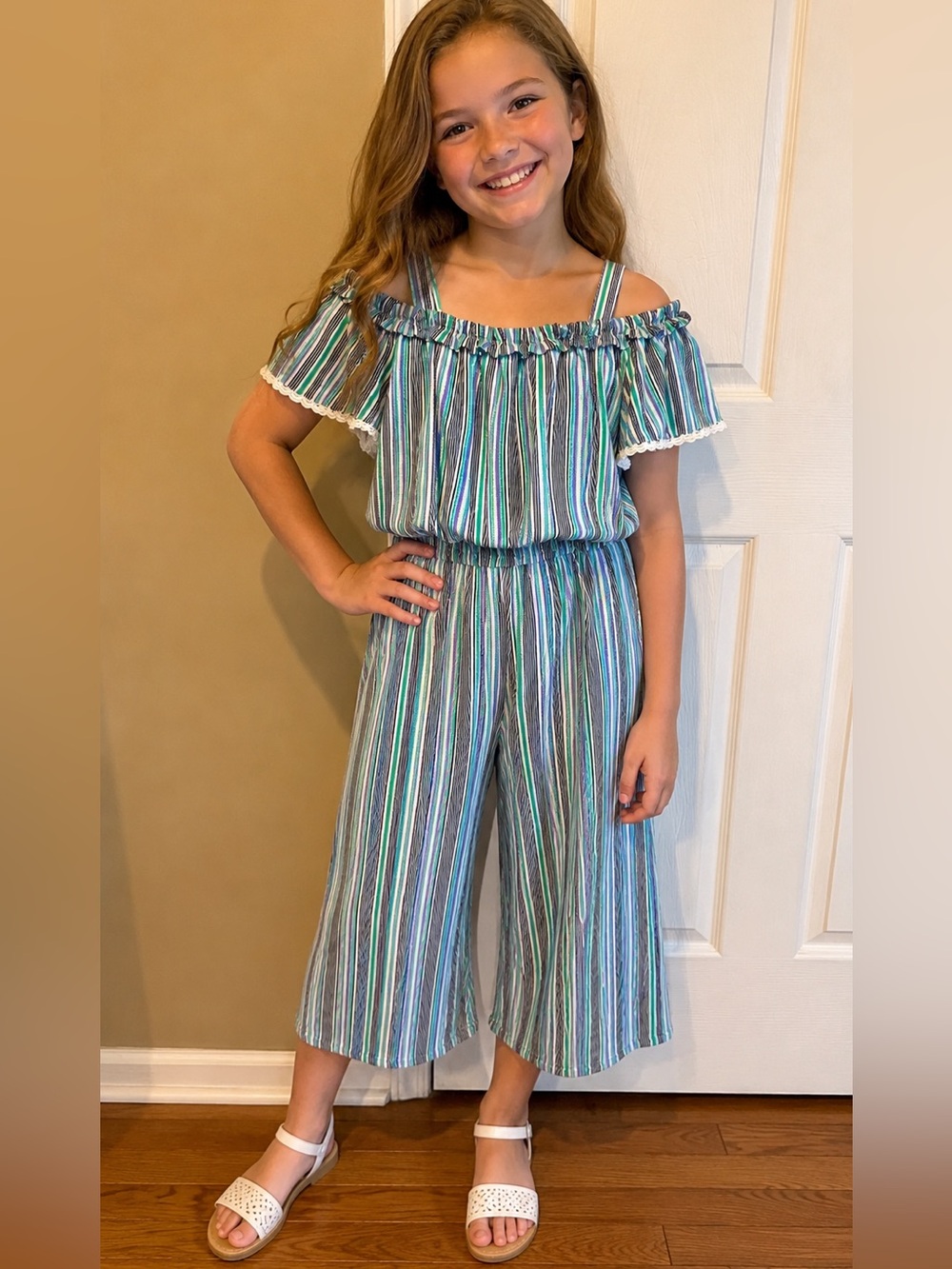 Speechless Girls Striped Off-the-Shoulder Jumpsuit Romper Size Large